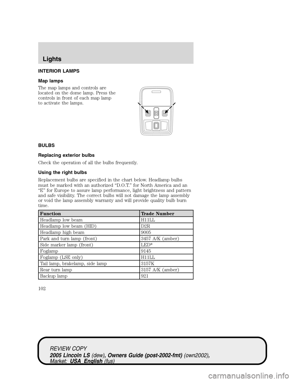 LINCOLN LS 2005  Owners Manual INTERIOR LAMPS
Map lamps
The map lamps and controls are
located on the dome lamp. Press the
controls in front of each map lamp
to activate the lamps.
BULBS
Replacing exterior bulbs
Check the operation