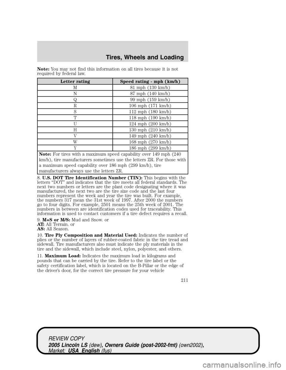LINCOLN LS 2005 Owners Manual Note:You may not find this information on all tires because it is not
required by federal law.
Letter rating Speed rating - mph (km/h)
M 81 mph (130 km/h)
N 87 mph (140 km/h)
Q 99 mph (159 km/h)
R 106 LINCOLN LS 2005 Owners Manual Note:You may not find this information on all tires because it is not
required by federal law.
Letter rating Speed rating - mph (km/h)
M 81 mph (130 km/h)
N 87 mph (140 km/h)
Q 99 mph (159 km/h)
R 106