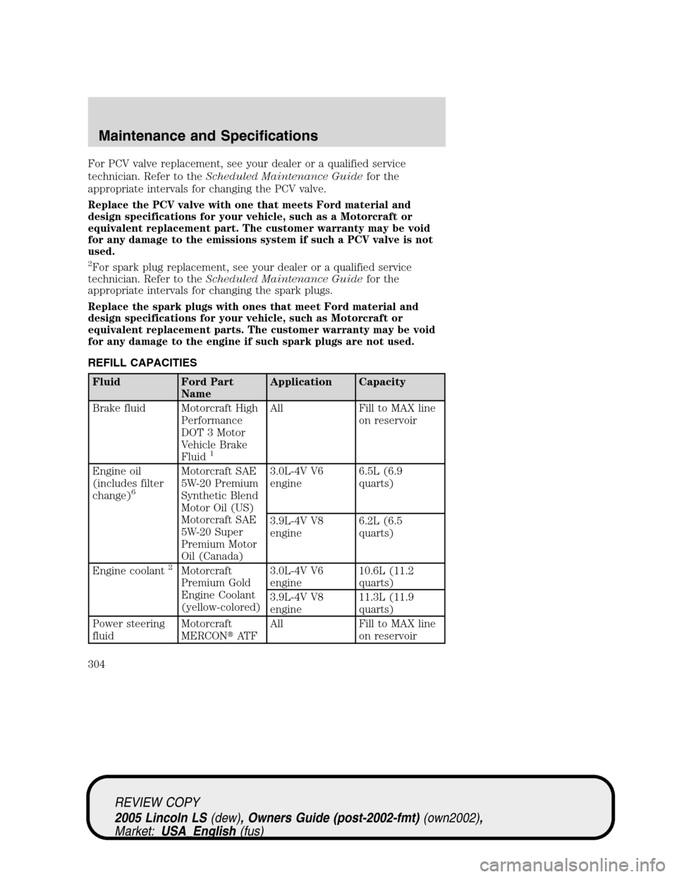 LINCOLN LS 2005 Owners Manual For PCV valve replacement, see your dealer or a qualified service
technician. Refer to theScheduled Maintenance Guidefor the
appropriate intervals for changing the PCV valve.
Replace the PCV valve wit LINCOLN LS 2005 Owners Manual For PCV valve replacement, see your dealer or a qualified service
technician. Refer to theScheduled Maintenance Guidefor the
appropriate intervals for changing the PCV valve.
Replace the PCV valve wit