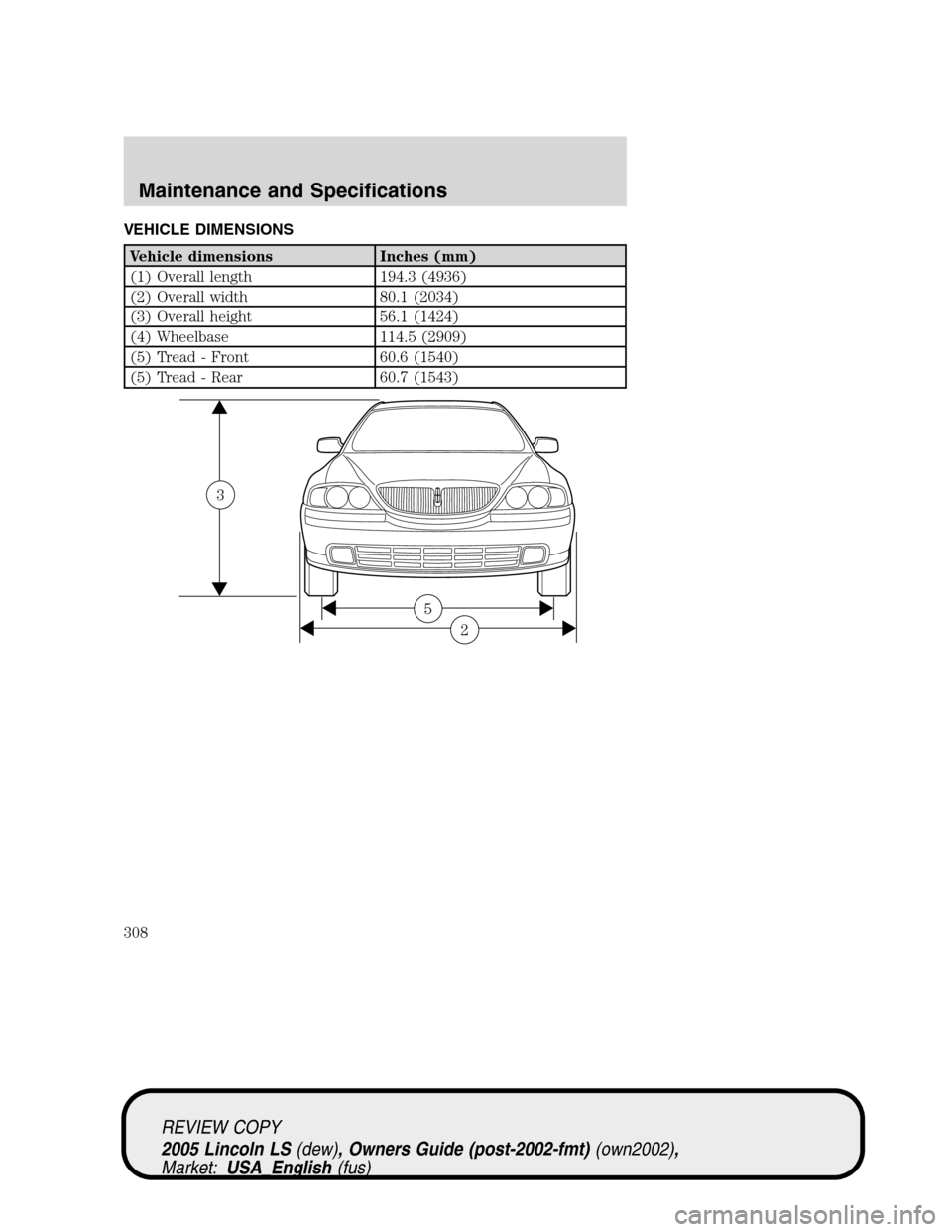 LINCOLN LS 2005 Owners Manual VEHICLE DIMENSIONS
Vehicle dimensions Inches (mm)
(1) Overall length 194.3 (4936)
(2) Overall width 80.1 (2034)
(3) Overall height 56.1 (1424)
(4) Wheelbase 114.5 (2909)
(5) Tread - Front 60.6 (1540)
LINCOLN LS 2005 Owners Manual VEHICLE DIMENSIONS
Vehicle dimensions Inches (mm)
(1) Overall length 194.3 (4936)
(2) Overall width 80.1 (2034)
(3) Overall height 56.1 (1424)
(4) Wheelbase 114.5 (2909)
(5) Tread - Front 60.6 (1540)