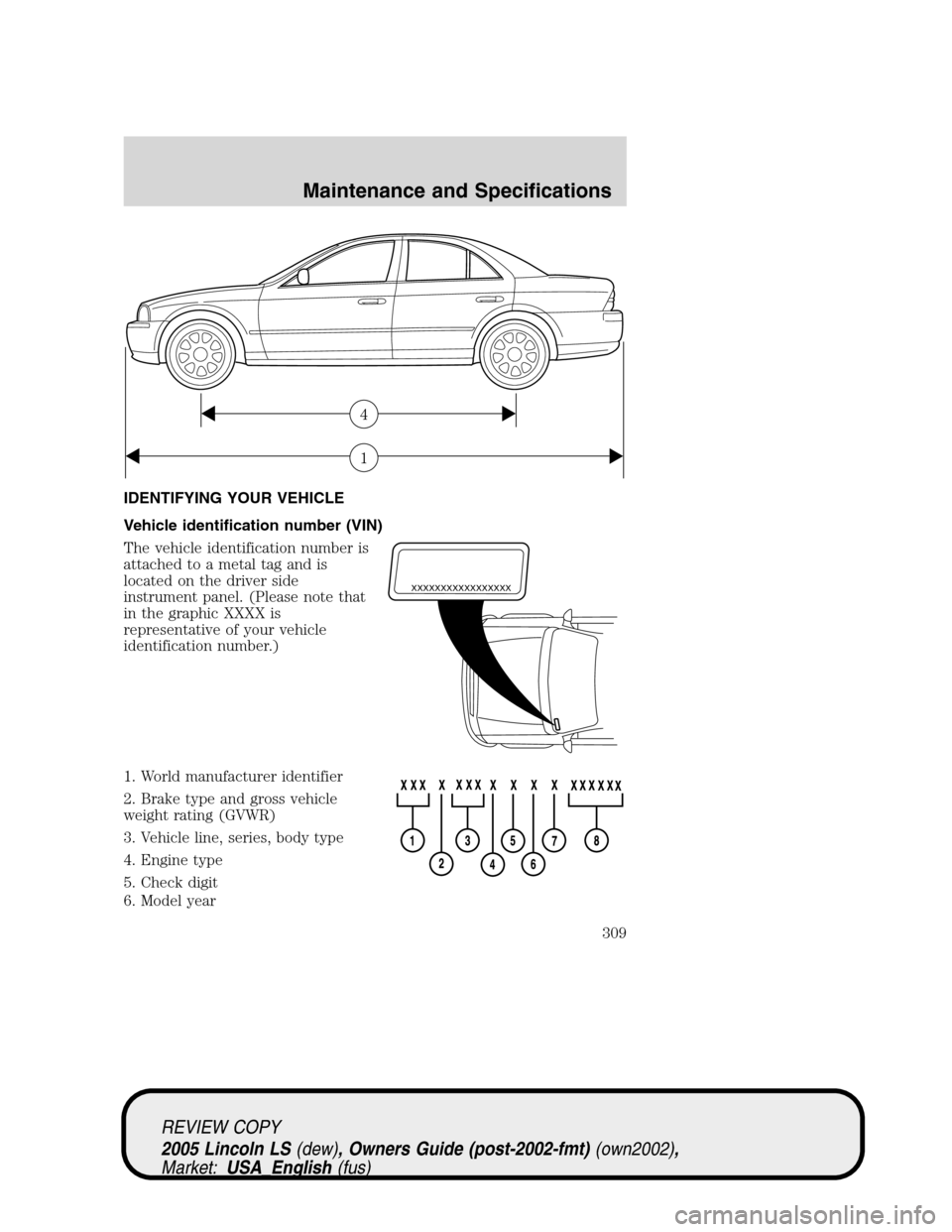 LINCOLN LS 2005  Owners Manual IDENTIFYING YOUR VEHICLE
Vehicle identification number (VIN)
The vehicle identification number is
attached to a metal tag and is
located on the driver side
instrument panel. (Please note that
in the g