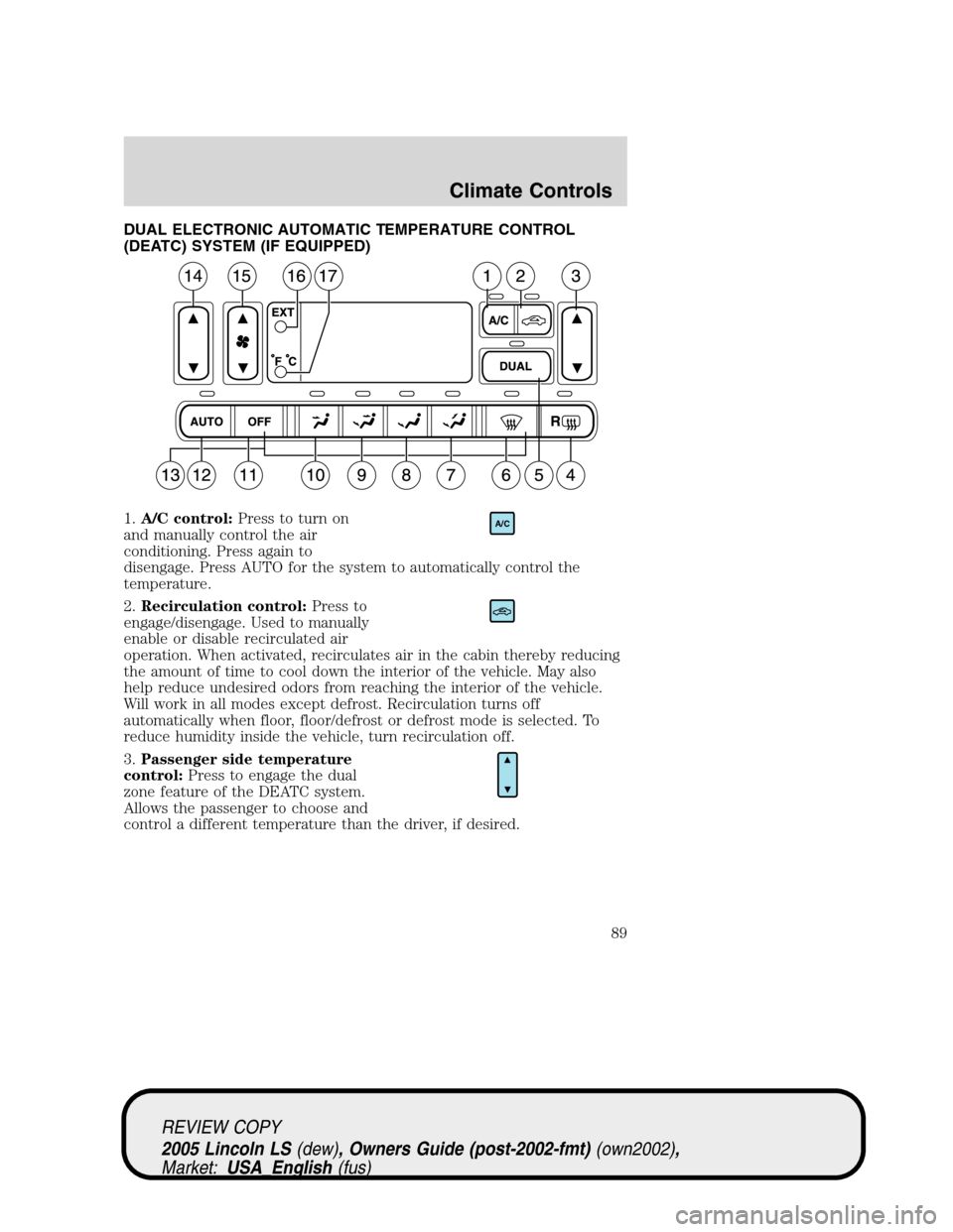 LINCOLN LS 2005 User Guide DUAL ELECTRONIC AUTOMATIC TEMPERATURE CONTROL
(DEATC) SYSTEM (IF EQUIPPED)
1.A/C control:Press to turn on
and manually control the air
conditioning. Press again to
disengage. Press AUTO for the system