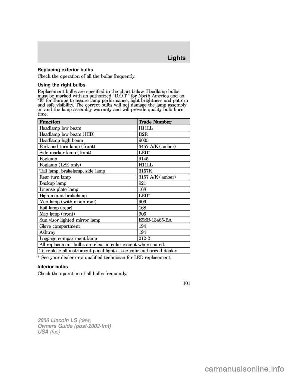 LINCOLN LS 2006  Owners Manual Replacing exterior bulbs
Check the operation of all the bulbs frequently.
Using the right bulbs
Replacement bulbs are specified in the chart below. Headlamp bulbs
must be marked with an authorized “