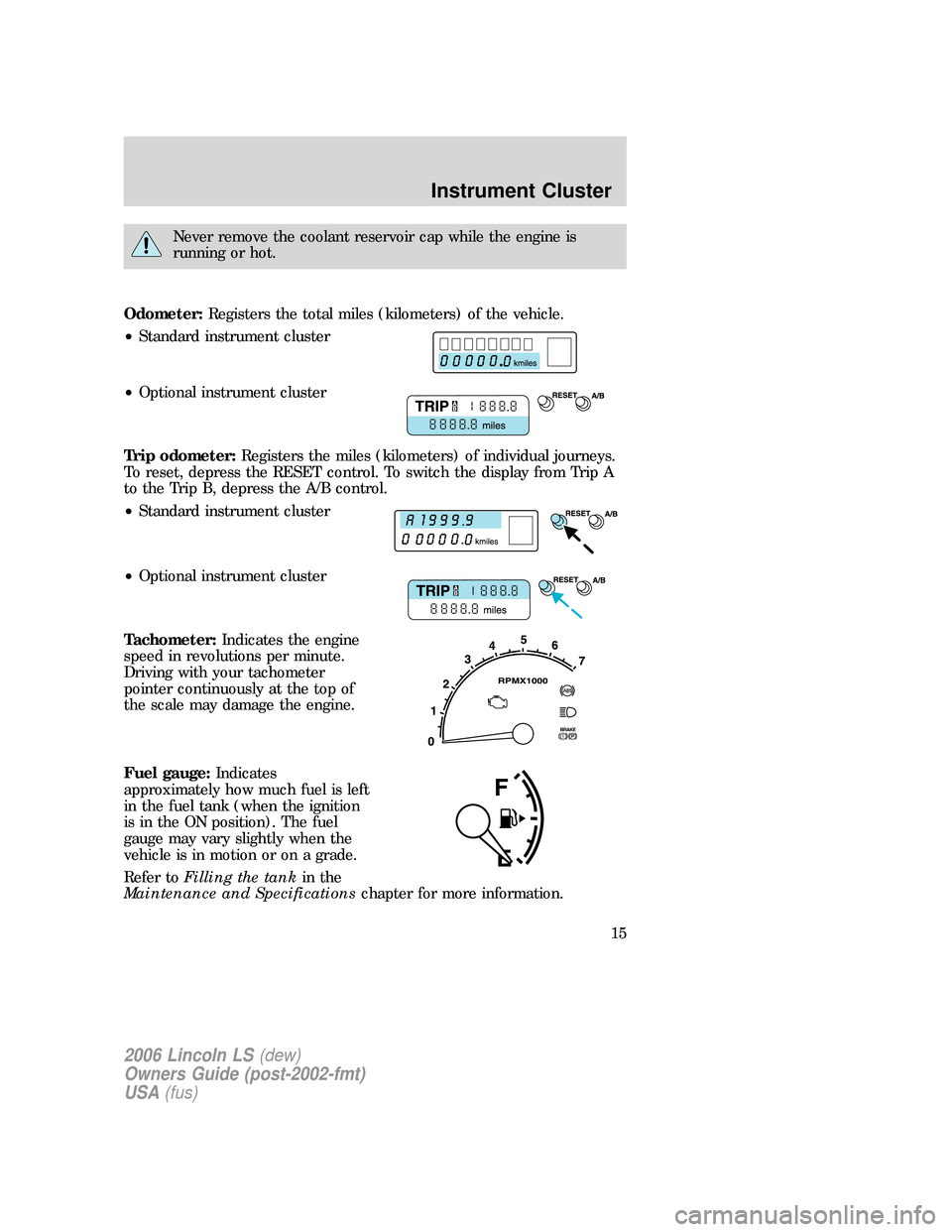 LINCOLN LS 2006 User Guide Never remove the coolant reservoir cap while the engine is
running or hot.
Odometer:Registers the total miles (kilometers) of the vehicle.
•Standard instrument cluster
•Optional instrument cluster