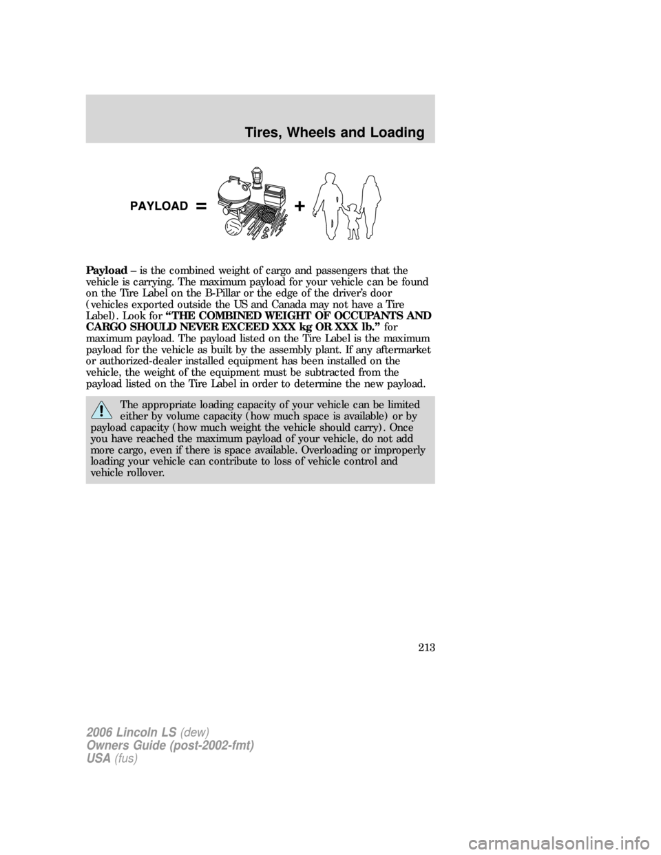 LINCOLN LS 2006  Owners Manual Payload– is the combined weight of cargo and passengers that the
vehicle is carrying. The maximum payload for your vehicle can be found
on the Tire Label on the B-Pillar or the edge of the driver’