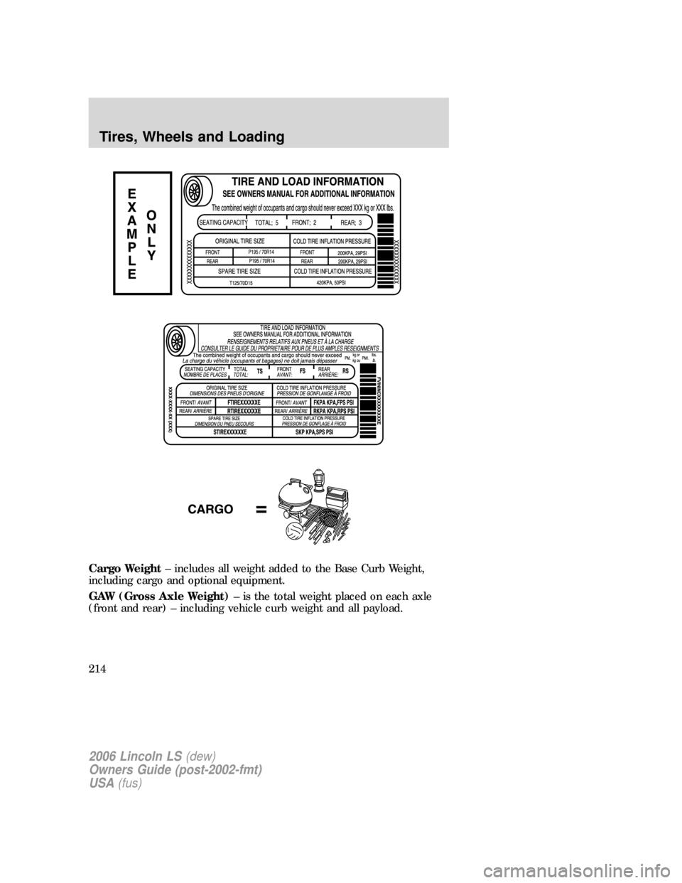 LINCOLN LS 2006  Owners Manual Cargo Weight– includes all weight added to the Base Curb Weight,
including cargo and optional equipment.
GAW (Gross Axle Weight)– is the total weight placed on each axle
(front and rear) – inclu