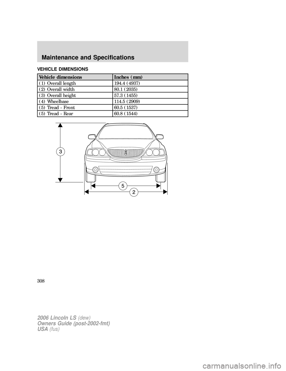 LINCOLN LS 2006  Owners Manual VEHICLE DIMENSIONS
Vehicle dimensions Inches (mm)
(1) Overall length 194.4 (4937)
(2) Overall width 80.1 (2035)
(3) Overall height 57.3 (1455)
(4) Wheelbase 114.5 (2909)
(5) Tread - Front 60.5 (1537)
