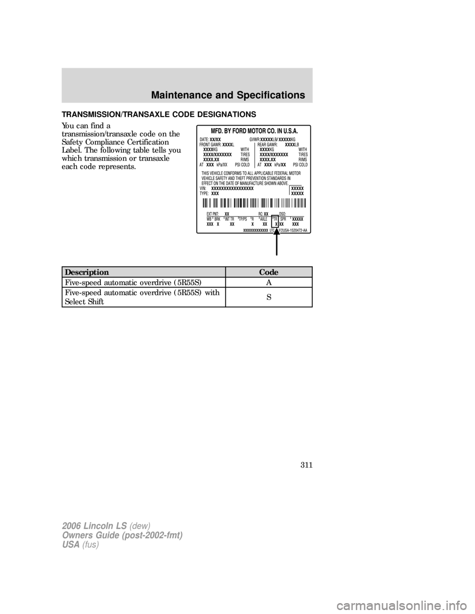 LINCOLN LS 2006  Owners Manual TRANSMISSION/TRANSAXLE CODE DESIGNATIONS
You can find a
transmission/transaxle code on the
Safety Compliance Certification
Label. The following table tells you
which transmission or transaxle
each cod