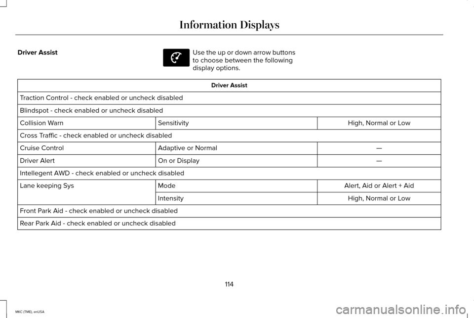 LINCOLN MKC 2015 Owners Guide Driver Assist Use the up or down arrow buttons
to choose between the following
display options.
Driver Assist
Traction Control - check enabled or uncheck disabled
Blindspot - check enabled or uncheck 