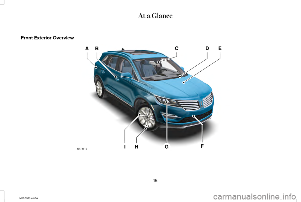 LINCOLN MKC 2015 User Guide Front Exterior Overview
15
MKC (TME), enUSA At a GlanceE173612 LINCOLN MKC 2015 User Guide Front Exterior Overview
15
MKC (TME), enUSA At a GlanceE173612