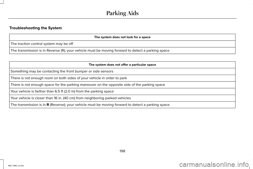 LINCOLN MKC 2015 Owners Manual Troubleshooting the System
The system does not look for a space
The traction control system may be off
The transmission is in Reverse (R); your vehicle must be moving forward to detect a parking sp\
a LINCOLN MKC 2015 Owners Manual Troubleshooting the System
The system does not look for a space
The traction control system may be off
The transmission is in Reverse (R); your vehicle must be moving forward to detect a parking sp\
a