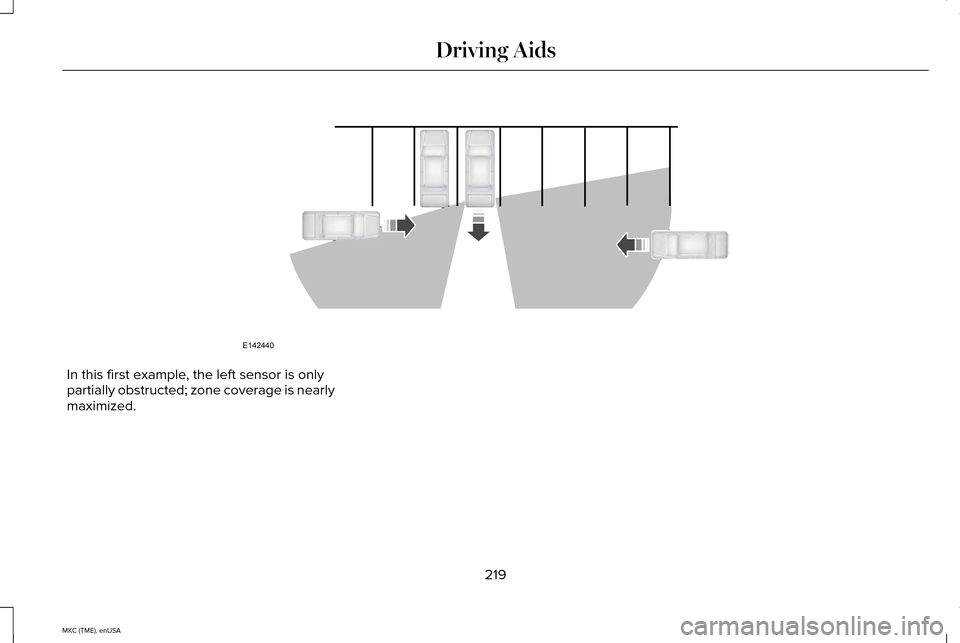 LINCOLN MKC 2015 Owners Guide In this first example, the left sensor is only
partially obstructed; zone coverage is nearly
maximized.
219
MKC (TME), enUSA Driving AidsE142440 LINCOLN MKC 2015 Owners Guide In this first example, the left sensor is only
partially obstructed; zone coverage is nearly
maximized.
219
MKC (TME), enUSA Driving AidsE142440