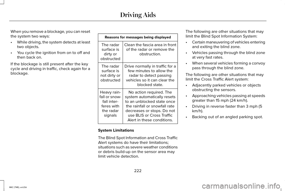 LINCOLN MKC 2015 Owners Guide When you remove a blockage, you can reset
the system two ways:
•
While driving, the system detects at least
two objects.
• You cycle the ignition from on to off and
then back on.
If the blockage i LINCOLN MKC 2015 Owners Guide When you remove a blockage, you can reset
the system two ways:
•
While driving, the system detects at least
two objects.
• You cycle the ignition from on to off and
then back on.
If the blockage i