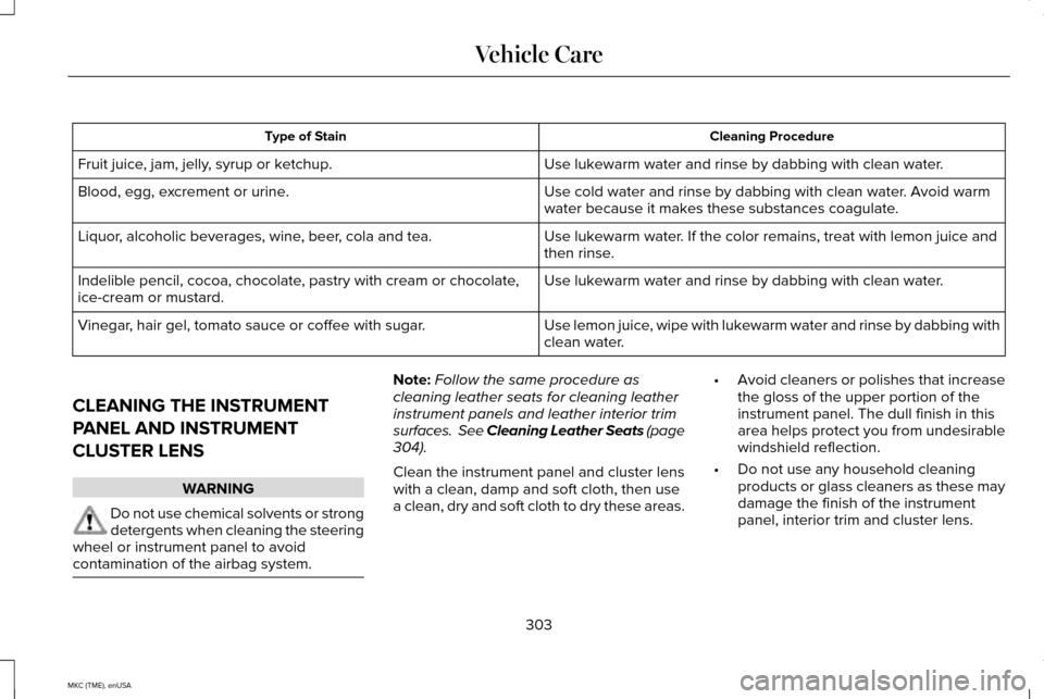 LINCOLN MKC 2015 Owners Manual Cleaning Procedure
Type of Stain
Use lukewarm water and rinse by dabbing with clean water.
Fruit juice, jam, jelly, syrup or ketchup.
Use cold water and rinse by dabbing with clean water. Avoid warm
w LINCOLN MKC 2015 Owners Manual Cleaning Procedure
Type of Stain
Use lukewarm water and rinse by dabbing with clean water.
Fruit juice, jam, jelly, syrup or ketchup.
Use cold water and rinse by dabbing with clean water. Avoid warm
w