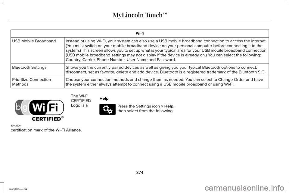 LINCOLN MKC 2015  Owners Manual Wi-fi
Instead of using Wi-Fi, your system can also use a USB mobile broadband \
connection to access the internet.
(You must switch on your mobile broadband device on your personal computer\
 before c