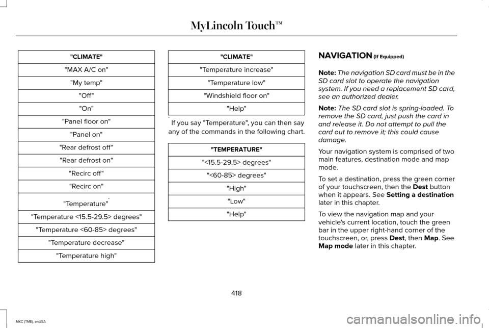 LINCOLN MKC 2015 Owners Manual "CLIMATE"
"MAX A/C on" "My temp" "Off ""On"
"Panel floor on" "Panel on"
"Rear defrost off " "Rear defrost on" "Recirc off ""Recirc on"
"Temperature" *
"Temperature <15.5-29.5> degrees" "Temperature <6 LINCOLN MKC 2015 Owners Manual "CLIMATE"
"MAX A/C on" "My temp" "Off ""On"
"Panel floor on" "Panel on"
"Rear defrost off " "Rear defrost on" "Recirc off ""Recirc on"
"Temperature" *
"Temperature <15.5-29.5> degrees" "Temperature <6