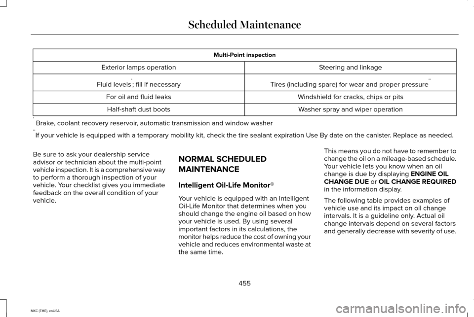 LINCOLN MKC 2015  Owners Manual Multi-Point inspection
Steering and linkage
Exterior lamps operation
Tires (including spare) for wear and proper pressure**
Fluid levels *
; fill if necessary
Windshield for cracks, chips or pits
For 