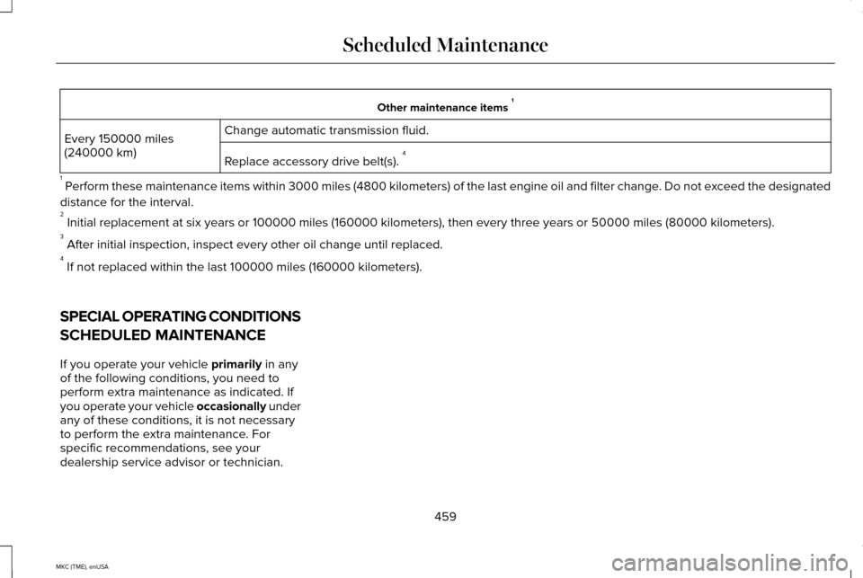 LINCOLN MKC 2015 Owners Manual Other maintenance items
1
Change automatic transmission fluid.
Every 150000 miles
(240000 km)
Replace accessory drive belt(s). 4
1 Perform these maintenance items within 3000 miles (4800 kilometers LINCOLN MKC 2015 Owners Manual Other maintenance items
1
Change automatic transmission fluid.
Every 150000 miles
(240000 km)
Replace accessory drive belt(s). 4
1 Perform these maintenance items within 3000 miles (4800 kilometers