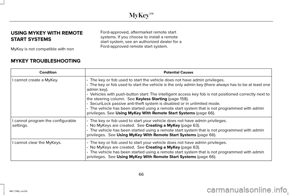 LINCOLN MKC 2015 Owners Manual USING MYKEY WITH REMOTE
START SYSTEMS
MyKey is not compatible with non
Ford-approved, aftermarket remote start
systems. If you choose to install a remote
start system, see an authorized dealer for a
F LINCOLN MKC 2015 Owners Manual USING MYKEY WITH REMOTE
START SYSTEMS
MyKey is not compatible with non
Ford-approved, aftermarket remote start
systems. If you choose to install a remote
start system, see an authorized dealer for a
F
