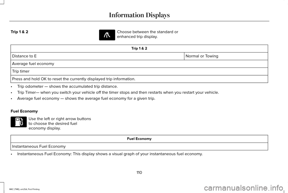 LINCOLN MKC 2016 Owners Guide Trip 1 & 2 Choose between the standard or
enhanced trip display.
Trip 1 & 2
Normal or Towing
Distance to E
Average fuel economy
Trip timer
Press and hold OK to reset the currently displayed trip infor LINCOLN MKC 2016 Owners Guide Trip 1 & 2 Choose between the standard or
enhanced trip display.
Trip 1 & 2
Normal or Towing
Distance to E
Average fuel economy
Trip timer
Press and hold OK to reset the currently displayed trip infor