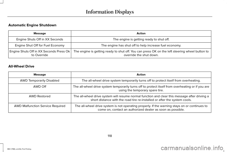 LINCOLN MKC 2016  Owners Manual Automatic Engine Shutdown
Action
Message
The engine is getting ready to shut off.
Engine Shuts Off in XX Seconds
The engine has shut off to help increase fuel economy.
Engine Shut Off for Fuel Economy