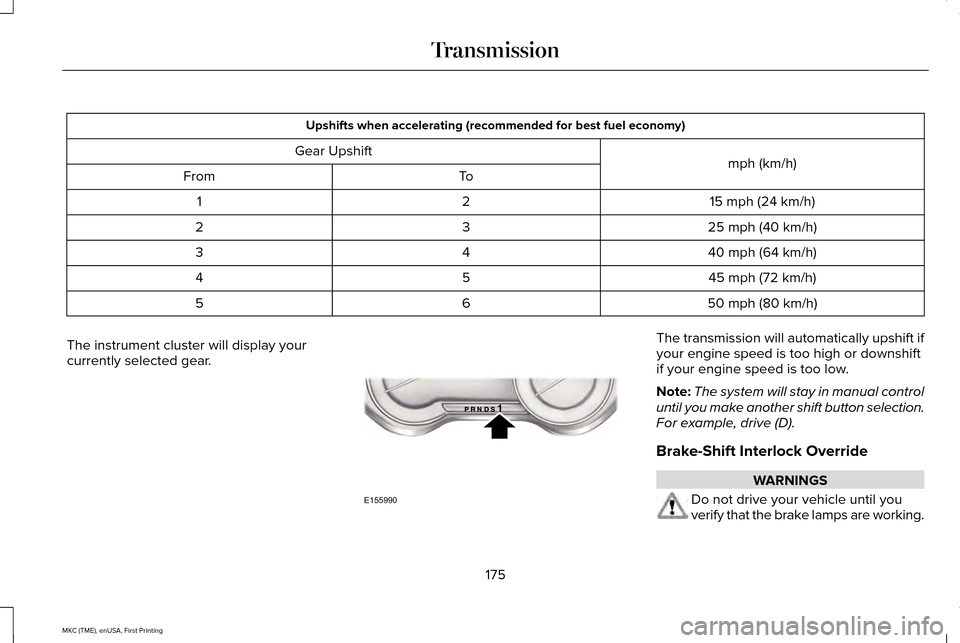 LINCOLN MKC 2016 Repair Manual Upshifts when accelerating (recommended for best fuel economy)
mph (km/h)
Gear Upshift
To
From
15 mph (24 km/h)
2
1
25 mph (40 km/h)
3
2
40 mph (64 km/h)
4
3
45 mph (72 km/h)
5
4
50 mph (80 km/h)
6
5
LINCOLN MKC 2016 Repair Manual Upshifts when accelerating (recommended for best fuel economy)
mph (km/h)
Gear Upshift
To
From
15 mph (24 km/h)
2
1
25 mph (40 km/h)
3
2
40 mph (64 km/h)
4
3
45 mph (72 km/h)
5
4
50 mph (80 km/h)
6
5
