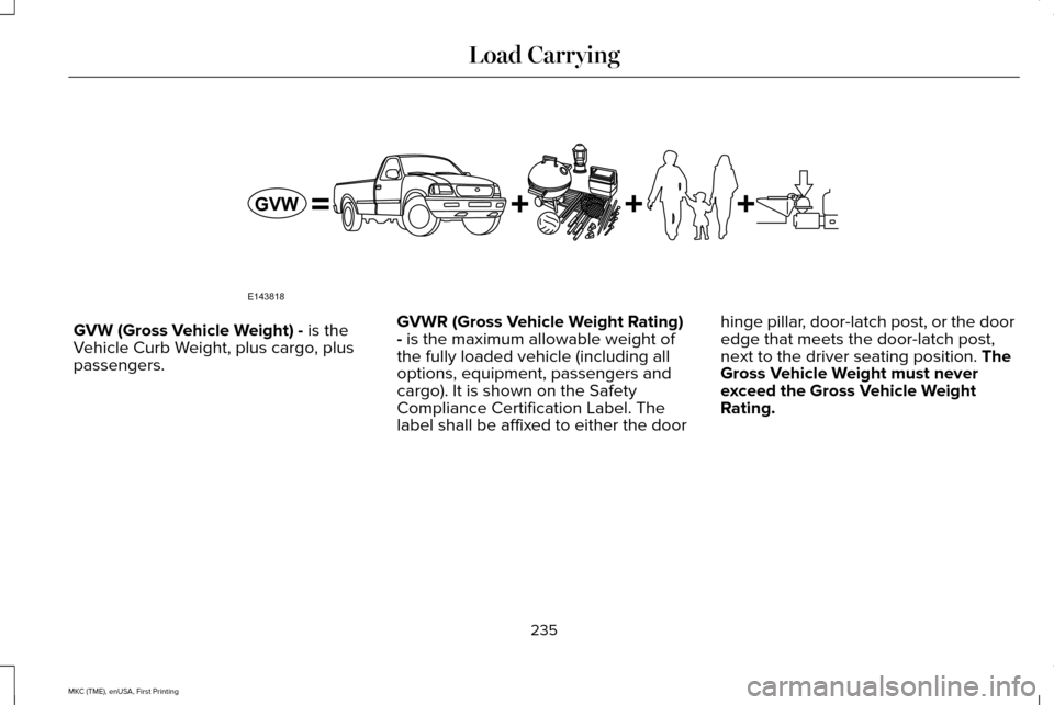 LINCOLN MKC 2016  Owners Manual GVW (Gross Vehicle Weight) - is the
Vehicle Curb Weight, plus cargo, plus
passengers. GVWR (Gross Vehicle Weight Rating)
- is the maximum allowable weight of
the fully loaded vehicle (including all
op
