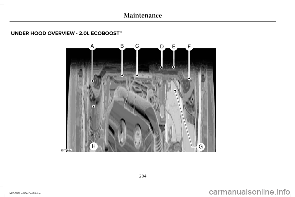 LINCOLN MKC 2016  Owners Manual UNDER HOOD OVERVIEW - 2.0L ECOBOOST™
284
MKC (TME), enUSA, First Printing MaintenanceABCDEF
GHE171684  