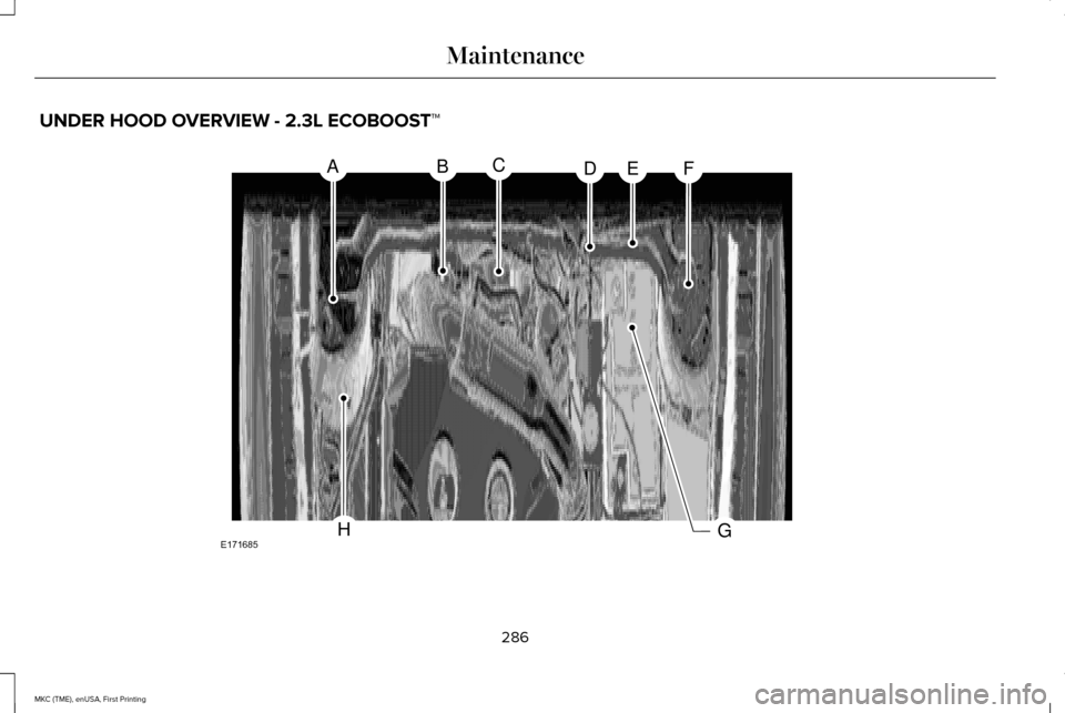 LINCOLN MKC 2016  Owners Manual UNDER HOOD OVERVIEW - 2.3L ECOBOOST™
286
MKC (TME), enUSA, First Printing MaintenanceABCDEF
GHE171685  