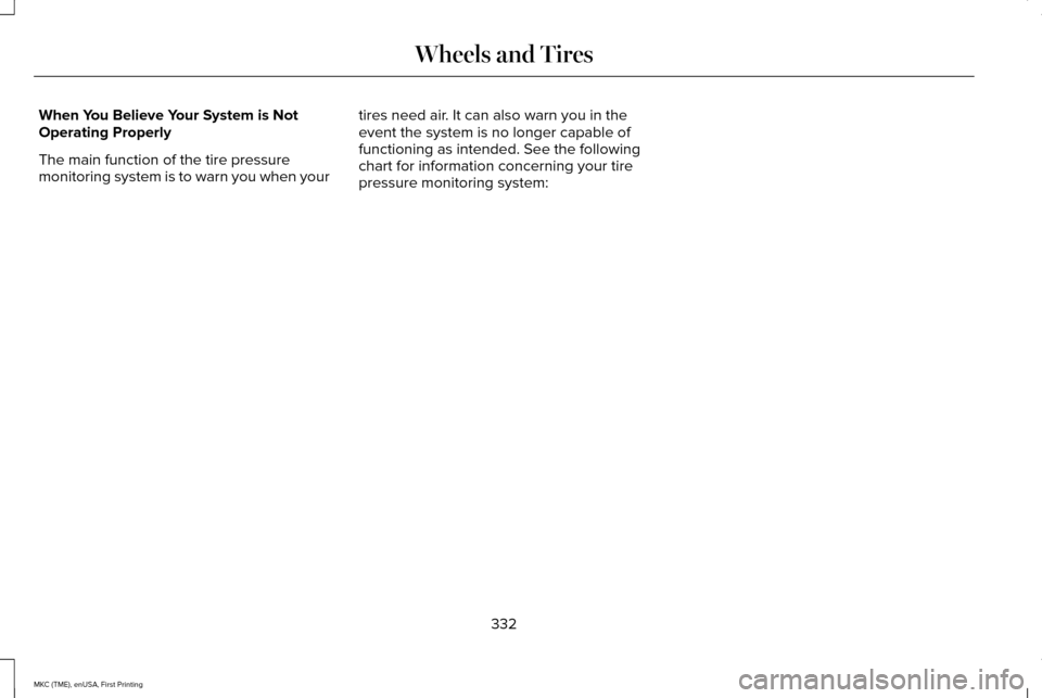 LINCOLN MKC 2016  Owners Manual When You Believe Your System is Not
Operating Properly
The main function of the tire pressure
monitoring system is to warn you when your
tires need air. It can also warn you in the
event the system is