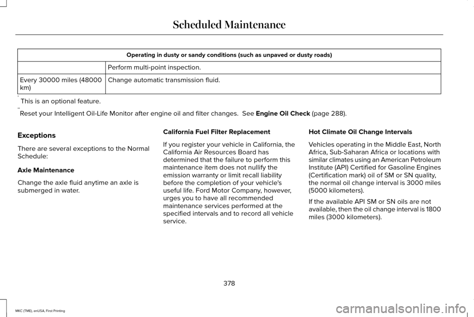LINCOLN MKC 2016 Owners Manual Operating in dusty or sandy conditions (such as unpaved or dusty roads)\
Perform multi-point inspection.
Change automatic transmission fluid.
Every 30000 miles (48000
km)
* This is an optional featu LINCOLN MKC 2016 Owners Manual Operating in dusty or sandy conditions (such as unpaved or dusty roads)\
Perform multi-point inspection.
Change automatic transmission fluid.
Every 30000 miles (48000
km)
* This is an optional featu
