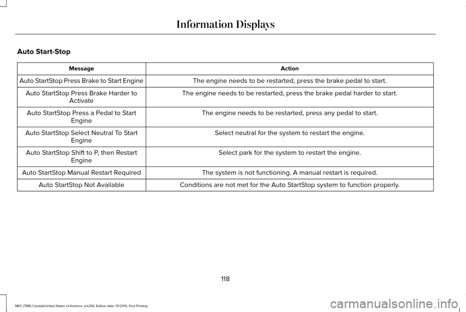 LINCOLN MKC 2017 Owners Guide Auto Start-Stop
Action
Message
The engine needs to be restarted, press the brake pedal to start.
Auto StartStop Press Brake to Start Engine
The engine needs to be restarted, press the brake pedal hard LINCOLN MKC 2017 Owners Guide Auto Start-Stop
Action
Message
The engine needs to be restarted, press the brake pedal to start.
Auto StartStop Press Brake to Start Engine
The engine needs to be restarted, press the brake pedal hard