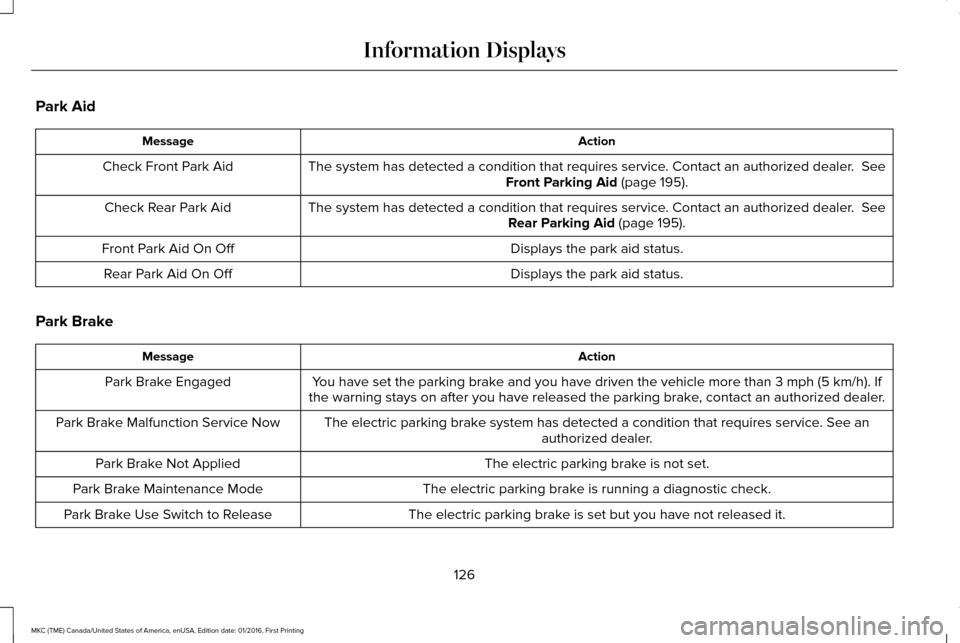 LINCOLN MKC 2017  Owners Manual Park Aid
Action
Message
The system has detected a condition that requires service. Contact an authorized dealer.  See
Front Parking Aid (page 195).
Check Front Park Aid
The system has detected a condi