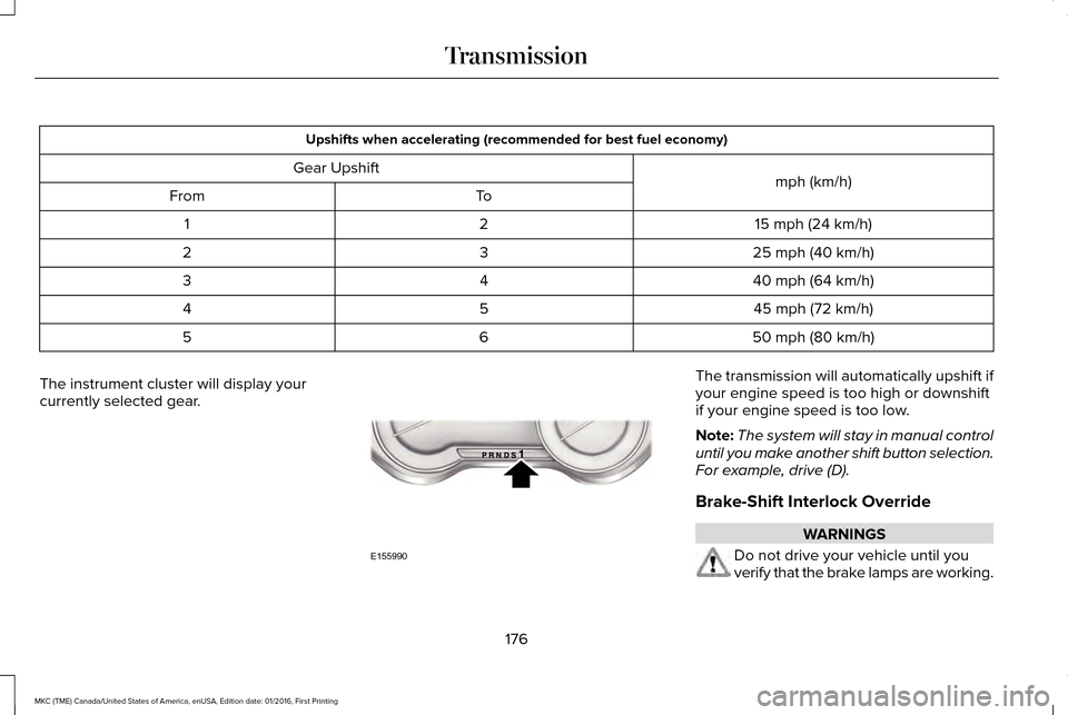 LINCOLN MKC 2017 Service Manual Upshifts when accelerating (recommended for best fuel economy)
mph (km/h)
Gear Upshift
To
From
15 mph (24 km/h)
2
1
25 mph (40 km/h)
3
2
40 mph (64 km/h)
4
3
45 mph (72 km/h)
5
4
50 mph (80 km/h)
6
5
LINCOLN MKC 2017 Service Manual Upshifts when accelerating (recommended for best fuel economy)
mph (km/h)
Gear Upshift
To
From
15 mph (24 km/h)
2
1
25 mph (40 km/h)
3
2
40 mph (64 km/h)
4
3
45 mph (72 km/h)
5
4
50 mph (80 km/h)
6
5