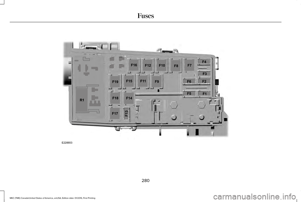 LINCOLN MKC 2017 Owners Manual 280
MKC (TME) Canada/United States of America, enUSA, Edition date: 01/2016, First Printing FusesE228853 LINCOLN MKC 2017 Owners Manual 280
MKC (TME) Canada/United States of America, enUSA, Edition date: 01/2016, First Printing FusesE228853
