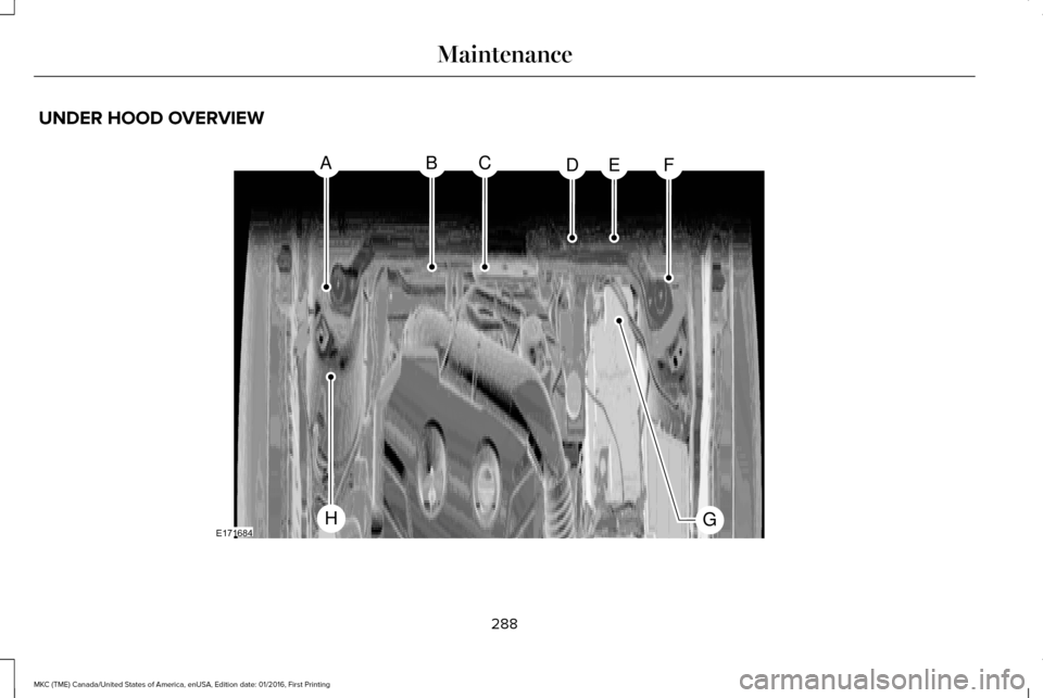 LINCOLN MKC 2017  Owners Manual UNDER HOOD OVERVIEW
288
MKC (TME) Canada/United States of America, enUSA, Edition date: 01/2016, First Printing MaintenanceABCDEF
GHE171684  