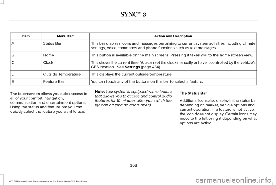 LINCOLN MKC 2017 Owners Manual Action and Description
Menu Item
Item
This bar displays icons and messages pertaining to current system activi\
ties including climate
settings, voice commands and phone functions such as text message LINCOLN MKC 2017 Owners Manual Action and Description
Menu Item
Item
This bar displays icons and messages pertaining to current system activi\
ties including climate
settings, voice commands and phone functions such as text message