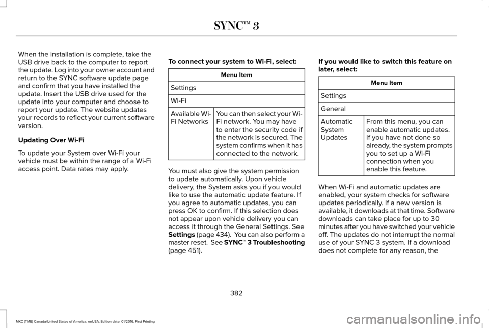 LINCOLN MKC 2017  Owners Manual When the installation is complete, take the
USB drive back to the computer to report
the update. Log into your owner account and
return to the SYNC software update page
and confirm that you have insta