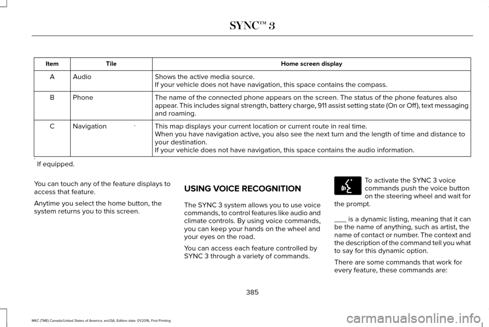 LINCOLN MKC 2017  Owners Manual Home screen display
Tile
Item
Shows the active media source.
Audio
A
If your vehicle does not have navigation, this space contains the compas\
s.
The name of the connected phone appears on the screen.