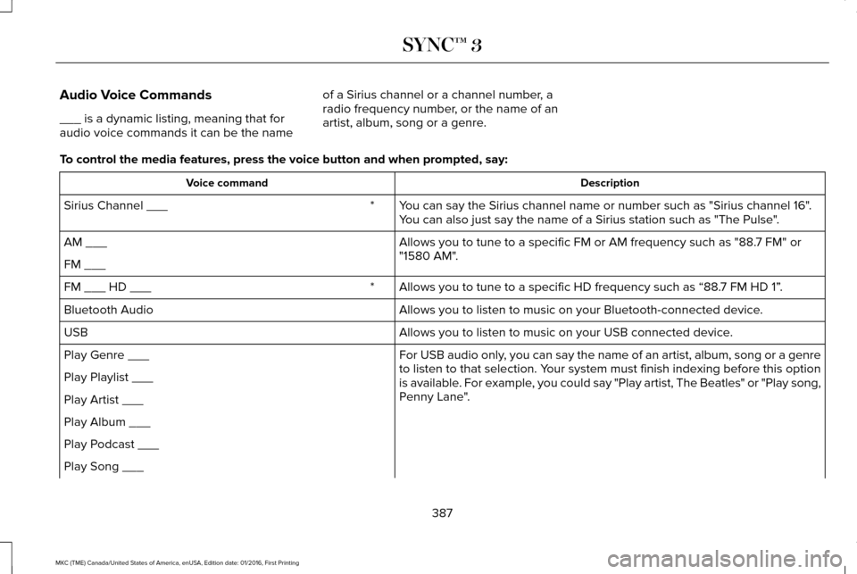 LINCOLN MKC 2017 Owners Manual Audio Voice Commands
___ is a dynamic listing, meaning that for
audio voice commands it can be the name
of a Sirius channel or a channel number, a
radio frequency number, or the name of an
artist, alb LINCOLN MKC 2017 Owners Manual Audio Voice Commands
___ is a dynamic listing, meaning that for
audio voice commands it can be the name
of a Sirius channel or a channel number, a
radio frequency number, or the name of an
artist, alb