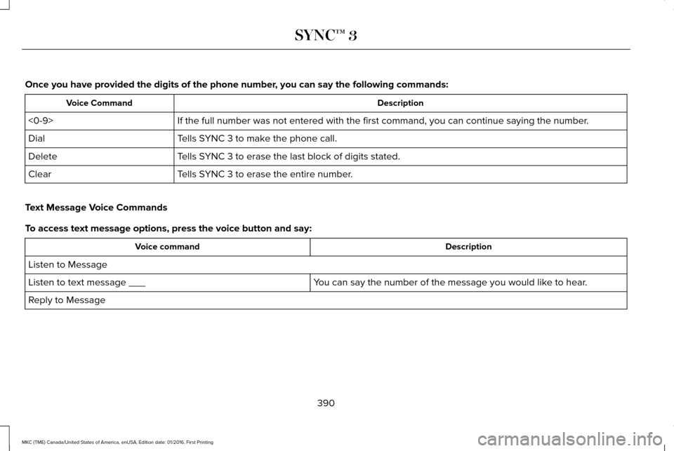LINCOLN MKC 2017  Owners Manual Once you have provided the digits of the phone number, you can say the following commands:
Description
Voice Command
If the full number was not entered with the first command, you can conti\
nue sayin