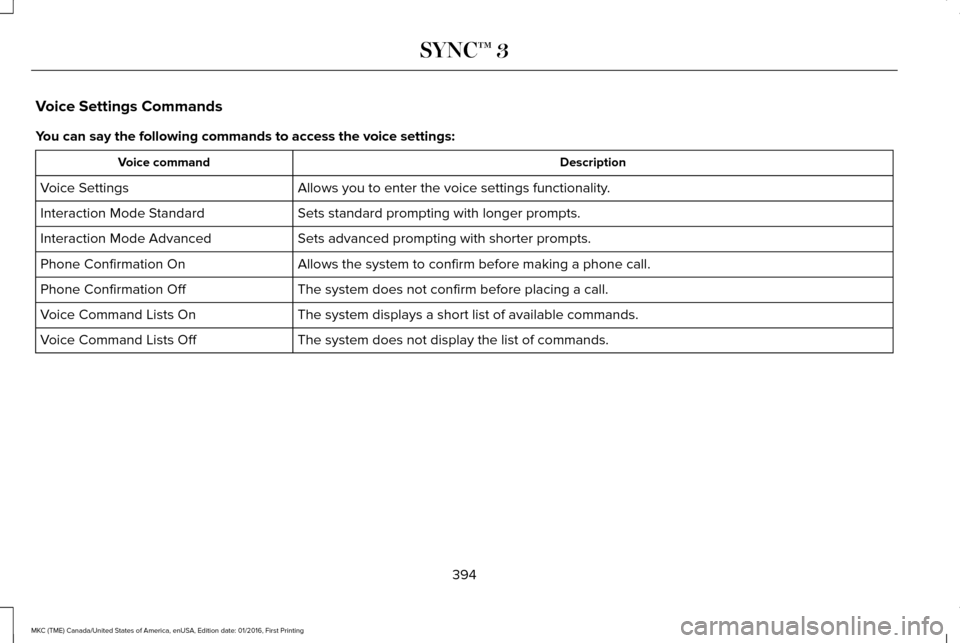 LINCOLN MKC 2017 Owners Manual Voice Settings Commands
You can say the following commands to access the voice settings:
Description
Voice command
Allows you to enter the voice settings functionality.
Voice Settings
Sets standard pr LINCOLN MKC 2017 Owners Manual Voice Settings Commands
You can say the following commands to access the voice settings:
Description
Voice command
Allows you to enter the voice settings functionality.
Voice Settings
Sets standard pr