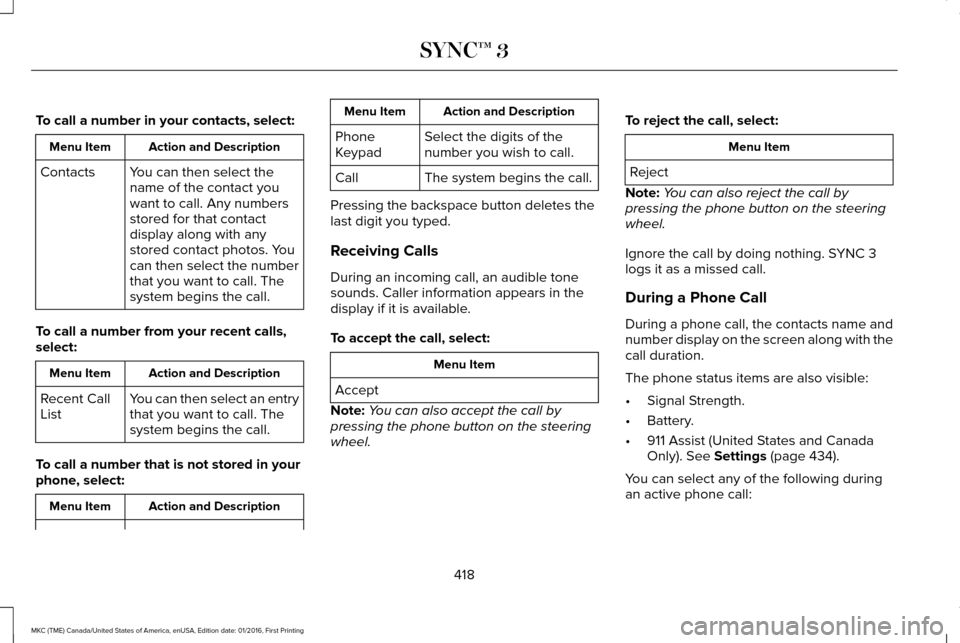 LINCOLN MKC 2017 Owners Manual To call a number in your contacts, select:
Action and Description
Menu Item
You can then select the
name of the contact you
want to call. Any numbers
stored for that contact
display along with any
sto LINCOLN MKC 2017 Owners Manual To call a number in your contacts, select:
Action and Description
Menu Item
You can then select the
name of the contact you
want to call. Any numbers
stored for that contact
display along with any
sto