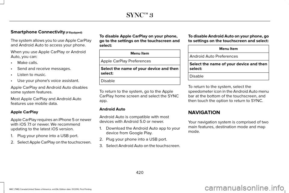 LINCOLN MKC 2017 User Guide Smartphone Connectivity (If Equipped)
The system allows you to use Apple CarPlay
and Android Auto to access your phone.
When you use Apple CarPlay or Android
Auto, you can:
• Make calls.
• Send an LINCOLN MKC 2017 User Guide Smartphone Connectivity (If Equipped)
The system allows you to use Apple CarPlay
and Android Auto to access your phone.
When you use Apple CarPlay or Android
Auto, you can:
• Make calls.
• Send an