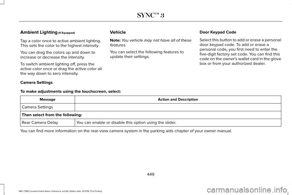 LINCOLN MKC 2017 Owners Manual Ambient Lighting (If Equipped)
Tap a color once to active ambient lighting.
This sets the color to the highest intensity.
You can drag the colors up and down to
increase or decrease the intensity.
To LINCOLN MKC 2017 Owners Manual Ambient Lighting (If Equipped)
Tap a color once to active ambient lighting.
This sets the color to the highest intensity.
You can drag the colors up and down to
increase or decrease the intensity.
To