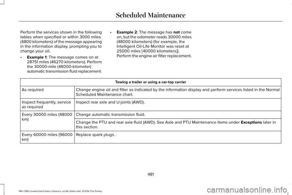 LINCOLN MKC 2017  Owners Manual Perform the services shown in the following
tables when specified or within 3000 miles
(4800 kilometers) of the message appearing
in the information display, prompting you to
change your oil.
•
Exam