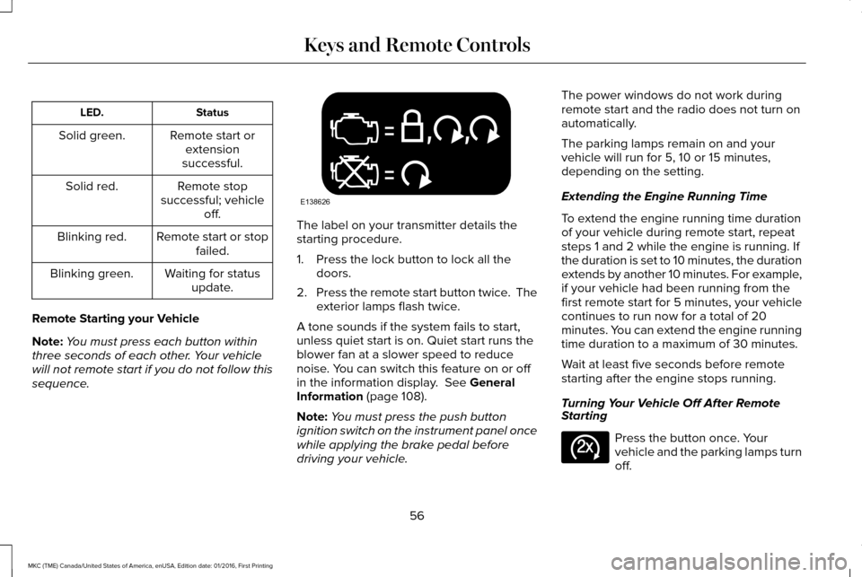 LINCOLN MKC 2017  Owners Manual Status
LED.
Remote start orextension
successful.
Solid green.
Remote stop
successful; vehicle off.
Solid red.
Remote start or stopfailed.
Blinking red.
Waiting for statusupdate.
Blinking green.
Remote