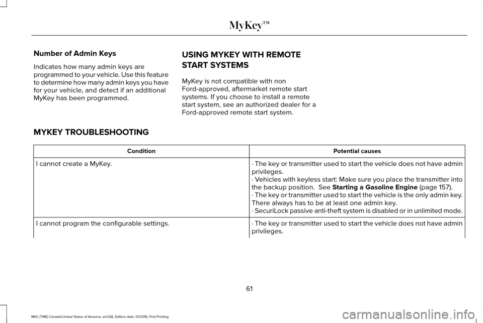 LINCOLN MKC 2017 Repair Manual Number of Admin Keys
Indicates how many admin keys are
programmed to your vehicle. Use this feature
to determine how many admin keys you have
for your vehicle, and detect if an additional
MyKey has be