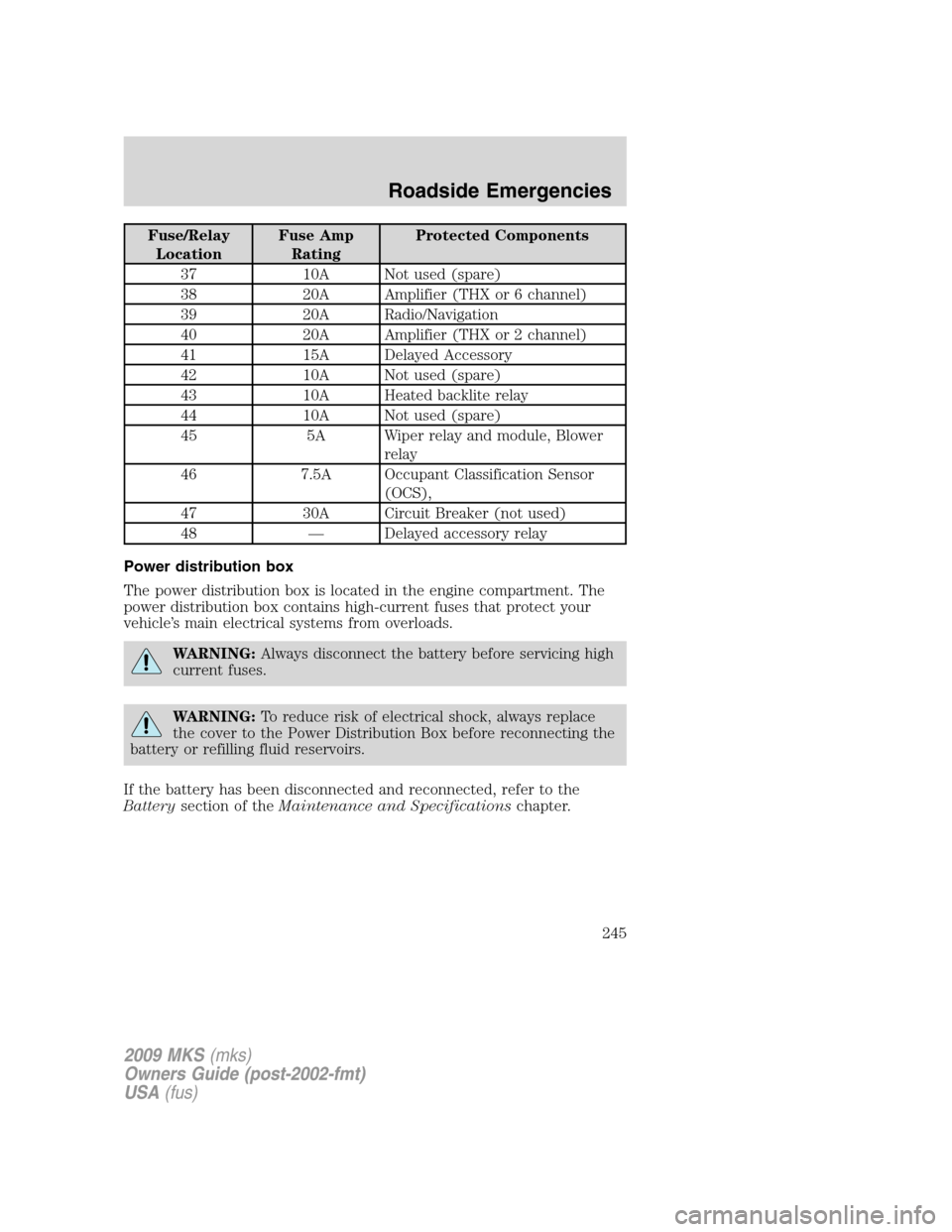 LINCOLN MKS 2009  Owners Manual Fuse/Relay
LocationFuse Amp
RatingProtected Components
37 10A Not used (spare)
38 20A Amplifier (THX or 6 channel)
39 20A Radio/Navigation
40 20A Amplifier (THX or 2 channel)
41 15A Delayed Accessory
