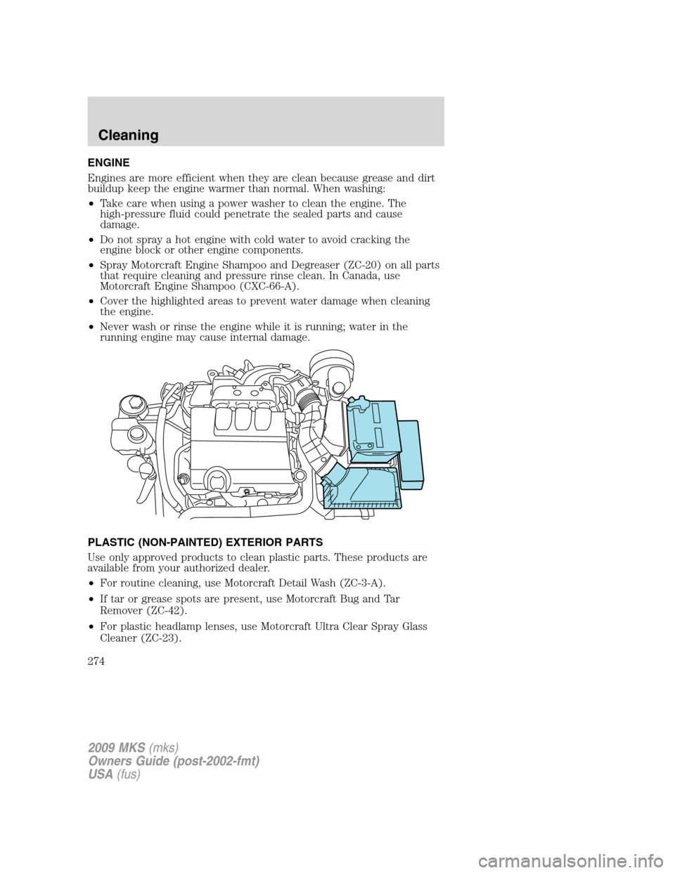 LINCOLN MKS 2009  Owners Manual ENGINE
Engines are more efficient when they are clean because grease and dirt
buildup keep the engine warmer than normal. When washing:
•Take care when using a power washer to clean the engine. The
